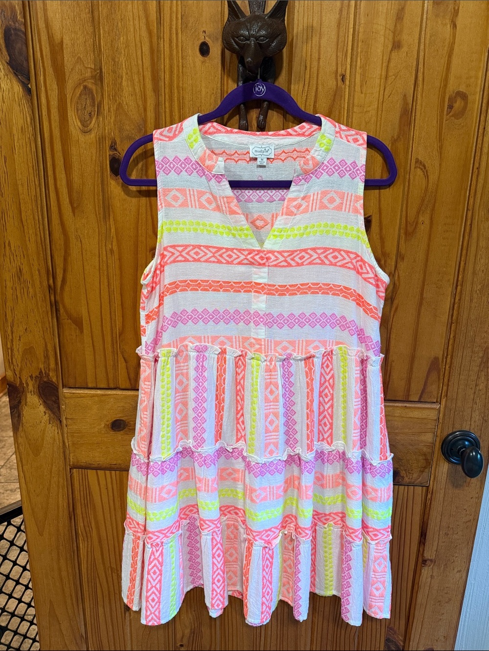 Mud Pie Girls' Sleeveless Tiered Dress in Coral, Pink & Neon Yellow